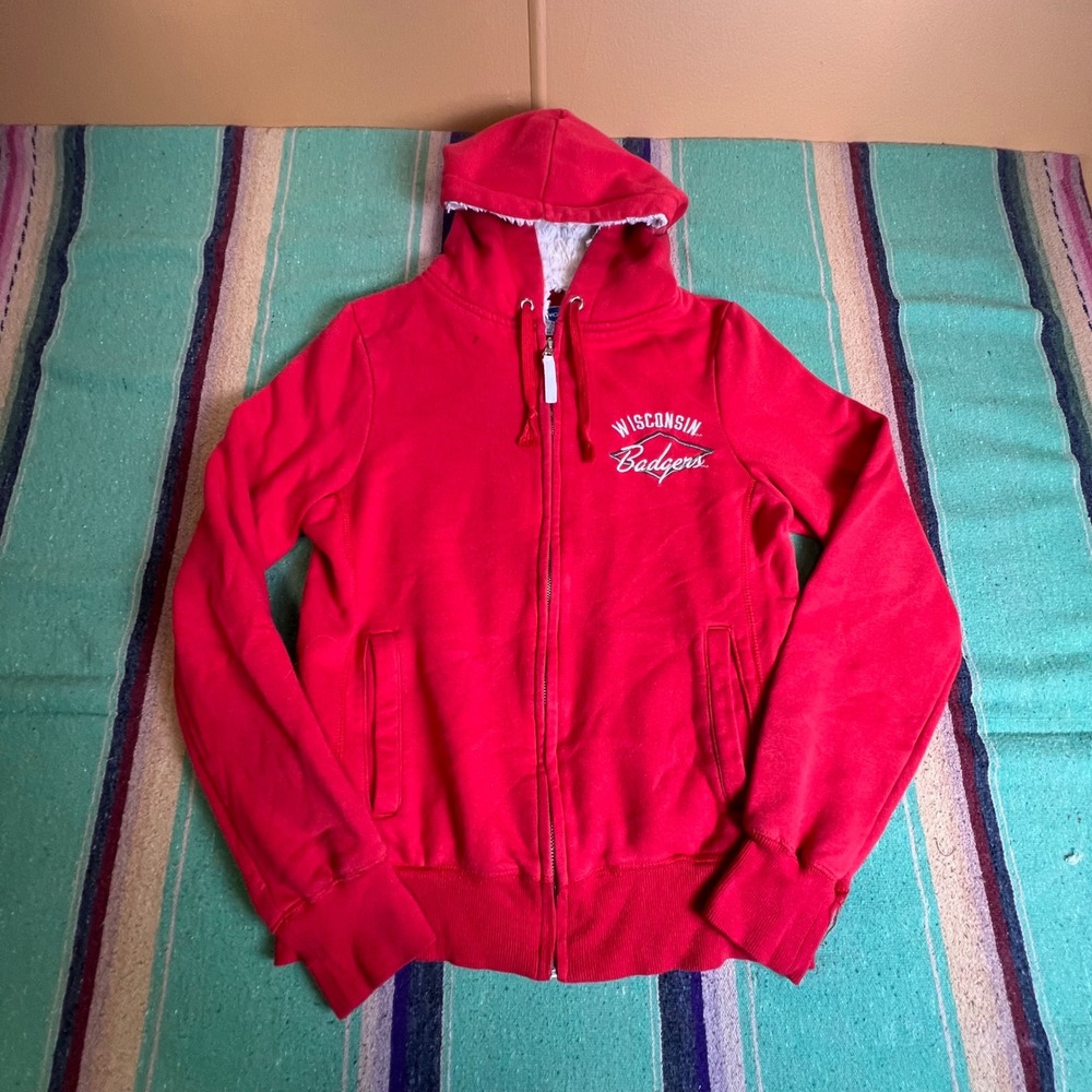 NCAA Wisconsin Badgers Hoodie Womens Large Red Full Zip Faux Fur Hood Sweatshirt
